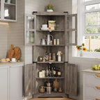 Farmhouse Corner Storage Cabinet Lighted Tall Space-Saving with Adjustable Shelves Glass Door Entryway Display Unit Living Room Kitchen