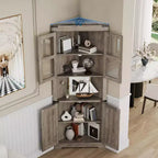 Farmhouse Corner Storage Cabinet Lighted Tall Space-Saving with Adjustable Shelves Glass Door Entryway Display Unit Living Room Kitchen