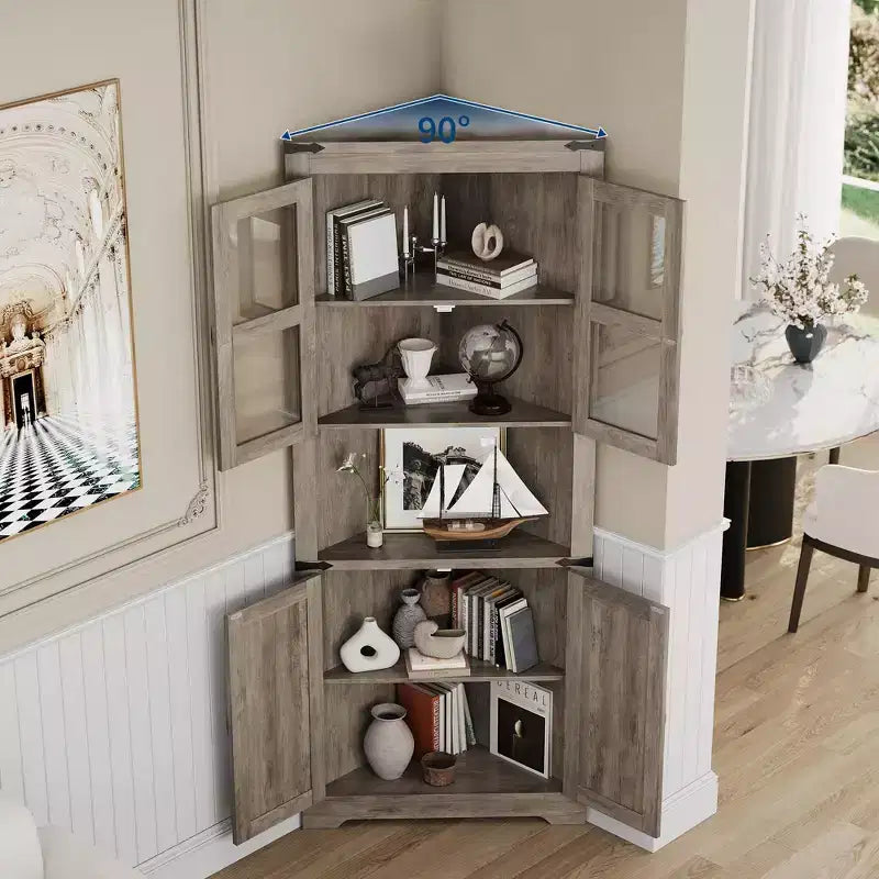 Farmhouse Corner Storage Cabinet Lighted Tall Space-Saving with Adjustable Shelves Glass Door Entryway Display Unit Living Room Kitchen