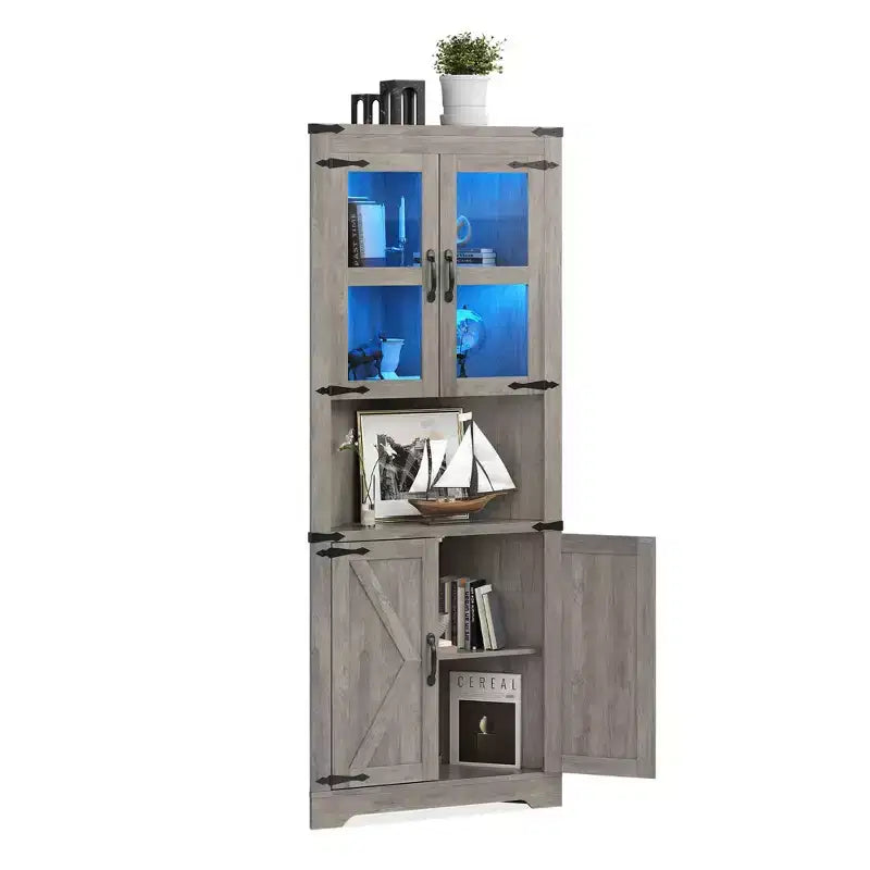 Farmhouse Corner Storage Cabinet Lighted Tall Space-Saving with Adjustable Shelves Glass Door Entryway Display Unit Living Room Kitchen