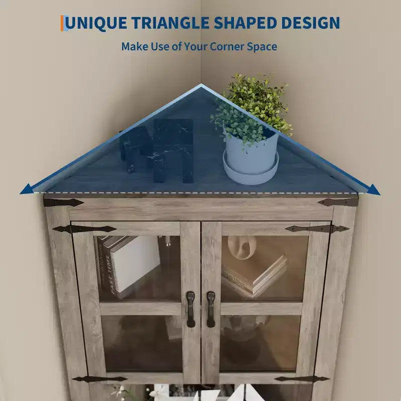 Farmhouse Corner Storage Cabinet Lighted Tall Space-Saving with Adjustable Shelves Glass Door Entryway Display Unit Living Room Kitchen