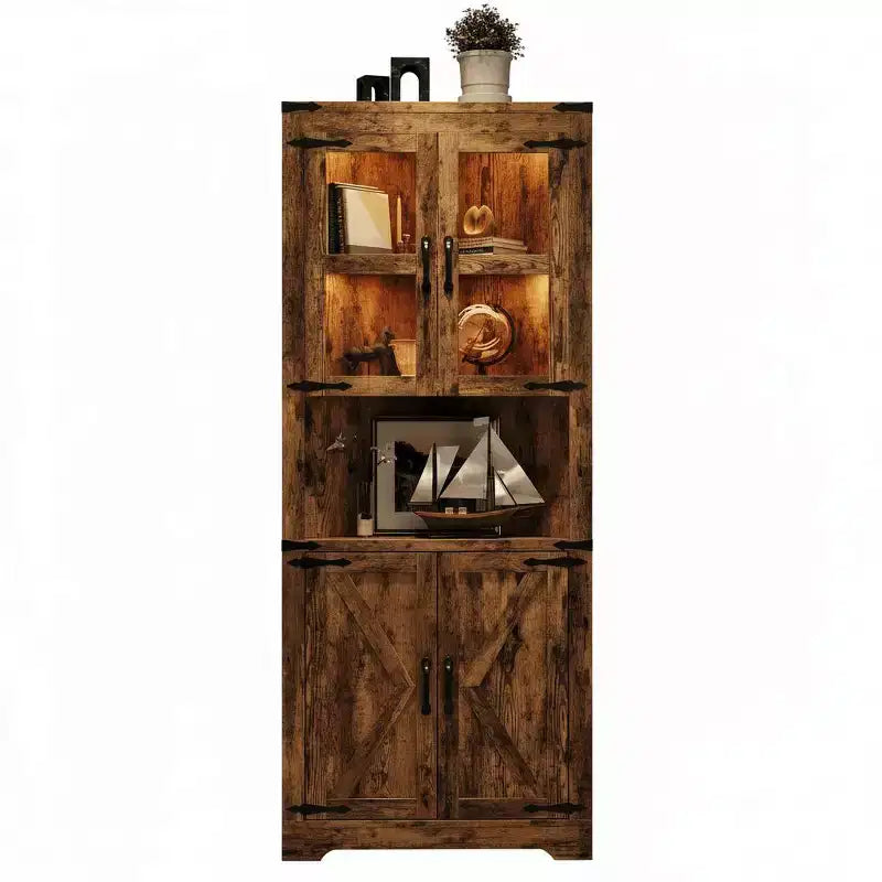 Farmhouse Corner Storage Cabinet Lighted Tall Space-Saving with Adjustable Shelves Glass Door Entryway Display Unit Living Room Kitchen