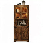Farmhouse Corner Storage Cabinet Lighted Tall Space-Saving with Adjustable Shelves Glass Door Entryway Display Unit Living Room Kitchen