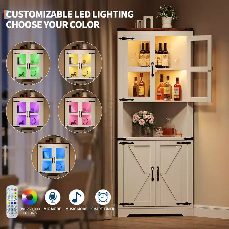 Farmhouse Corner Storage Cabinet Lighted Tall Space-Saving with Adjustable Shelves Glass Door Entryway Display Unit Living Room Kitchen