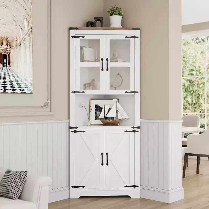 Farmhouse Corner Storage Cabinet Lighted Tall Space-Saving with Adjustable Shelves Glass Door Entryway Display Unit Living Room Kitchen