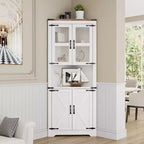 Farmhouse Corner Storage Cabinet Lighted Tall Space-Saving with Adjustable Shelves Glass Door Entryway Display Unit Living Room Kitchen