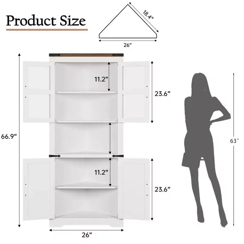 Farmhouse Corner Storage Cabinet Lighted Tall Space-Saving with Adjustable Shelves Glass Door Entryway Display Unit Living Room Kitchen