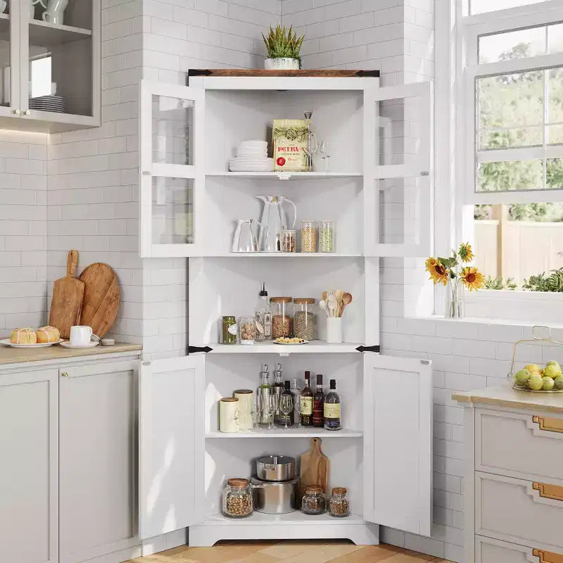 Farmhouse Corner Storage Cabinet Lighted Tall Space-Saving with Adjustable Shelves Glass Door Entryway Display Unit Living Room Kitchen