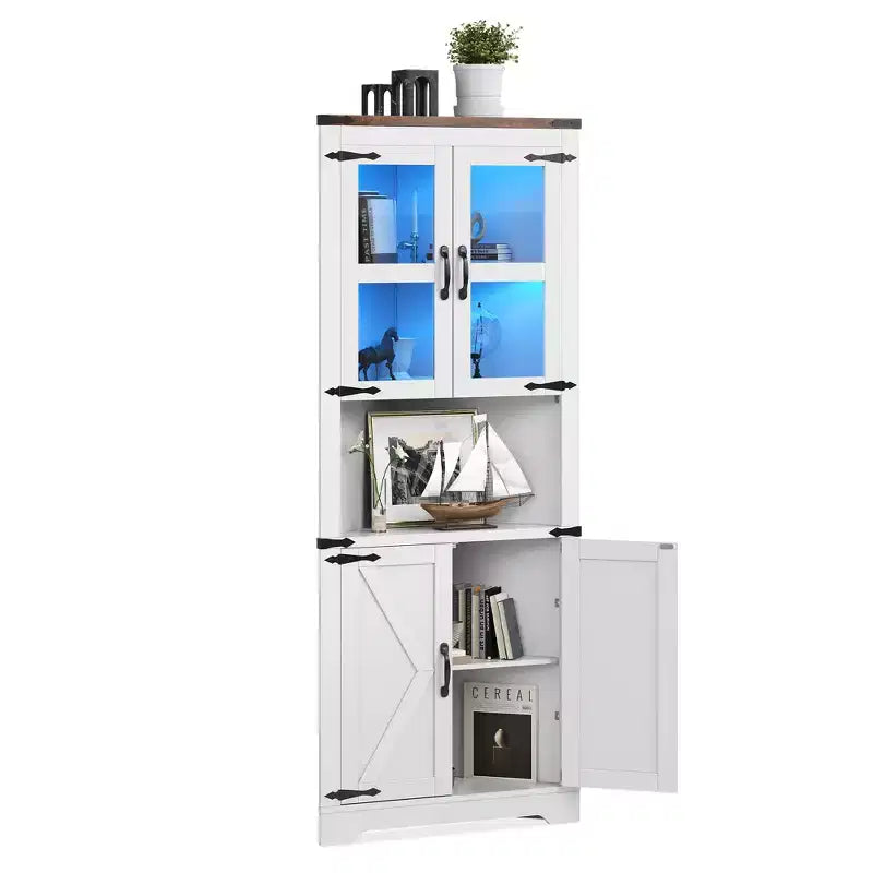 Farmhouse Corner Storage Cabinet Lighted Tall Space-Saving with Adjustable Shelves Glass Door Entryway Display Unit Living Room Kitchen