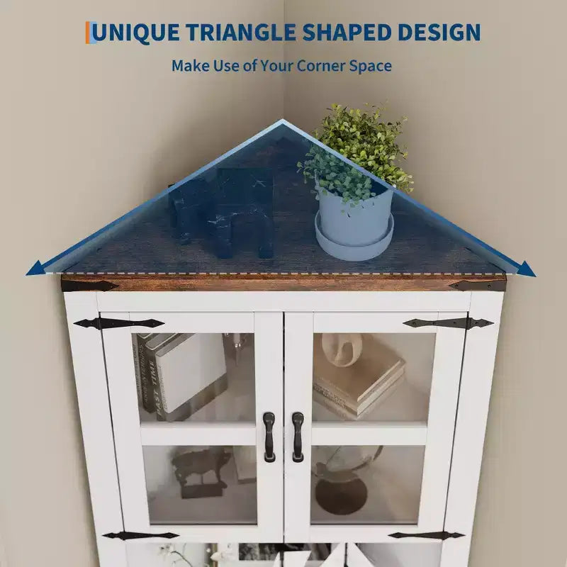 Farmhouse Corner Storage Cabinet Lighted Tall Space-Saving with Adjustable Shelves Glass Door Entryway Display Unit Living Room Kitchen