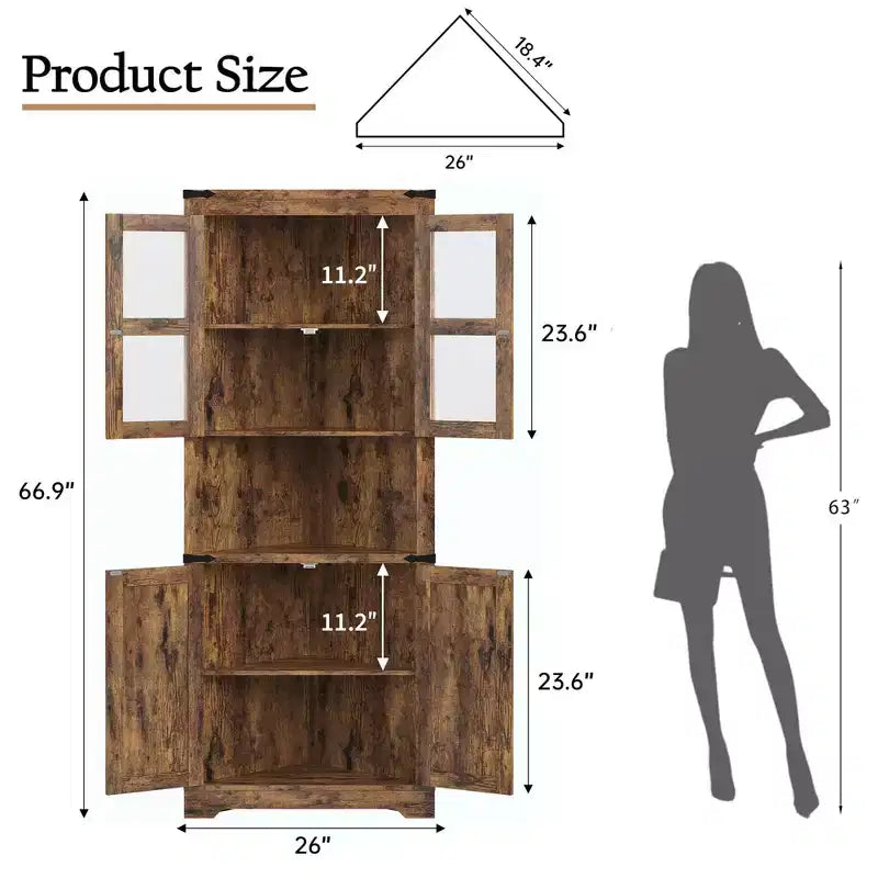 Farmhouse Corner Storage Cabinet Lighted Tall Space-Saving with Adjustable Shelves Glass Door Entryway Display Unit Living Room Kitchen