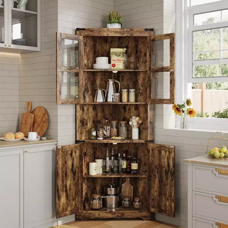 Farmhouse Corner Storage Cabinet Lighted Tall Space-Saving with Adjustable Shelves Glass Door Entryway Display Unit Living Room Kitchen
