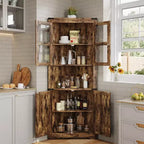 Farmhouse Corner Storage Cabinet Lighted Tall Space-Saving with Adjustable Shelves Glass Door Entryway Display Unit Living Room Kitchen
