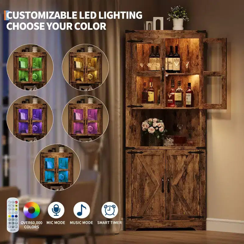 Farmhouse Corner Storage Cabinet Lighted Tall Space-Saving with Adjustable Shelves Glass Door Entryway Display Unit Living Room Kitchen