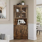Farmhouse Corner Storage Cabinet Lighted Tall Space-Saving with Adjustable Shelves Glass Door Entryway Display Unit Living Room Kitchen