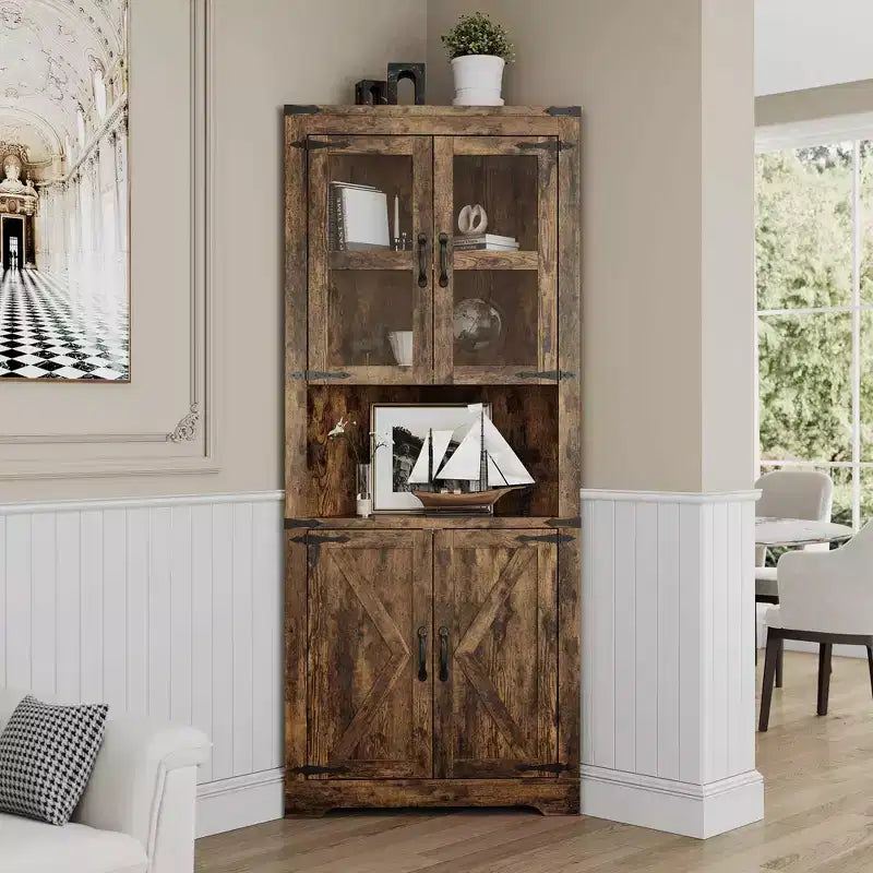 Farmhouse Corner Storage Cabinet Lighted Tall Space-Saving with Adjustable Shelves Glass Door Entryway Display Unit Living Room Kitchen