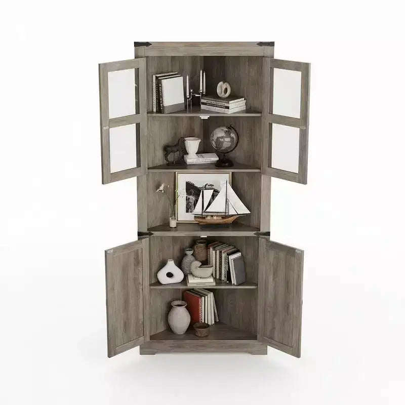 Farmhouse Corner Storage Cabinet Lighted Tall Space-Saving with Adjustable Shelves Glass Door Entryway Display Unit Living Room Kitchen