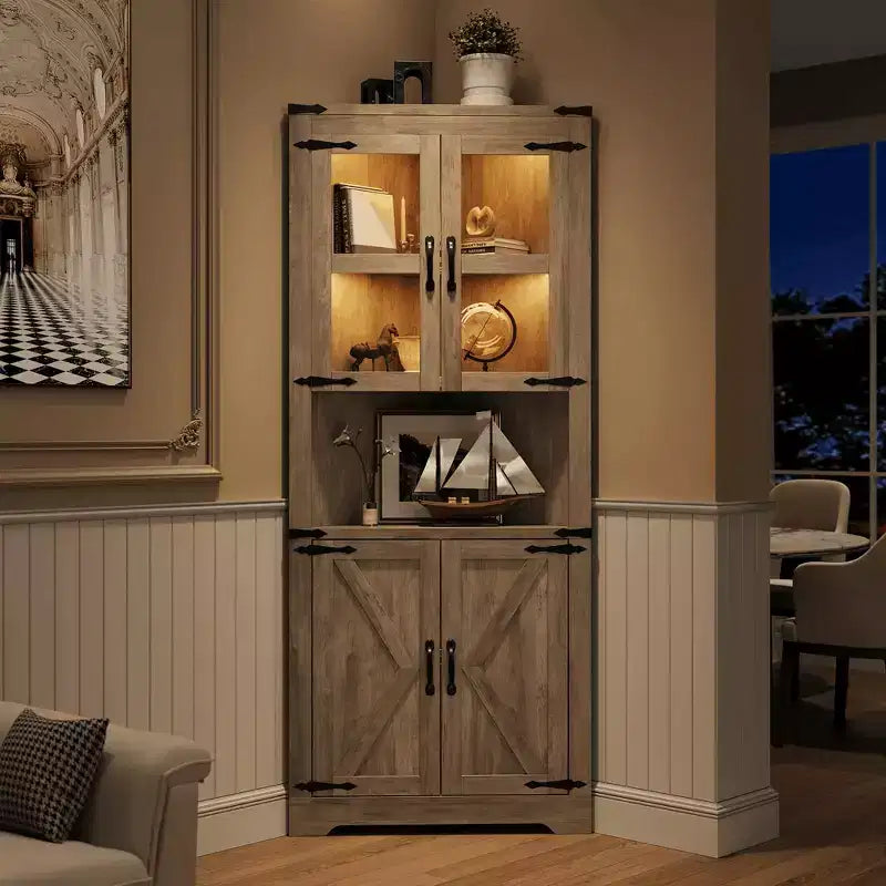 Farmhouse Corner Storage Cabinet Lighted Tall Space-Saving with Adjustable Shelves Glass Door Entryway Display Unit Living Room Kitchen