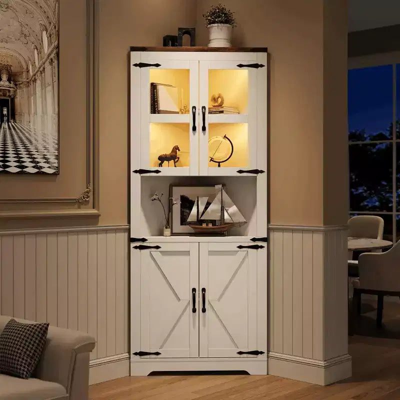 Farmhouse Corner Storage Cabinet Lighted Tall Space-Saving with Adjustable Shelves Glass Door Entryway Display Unit Living Room Kitchen