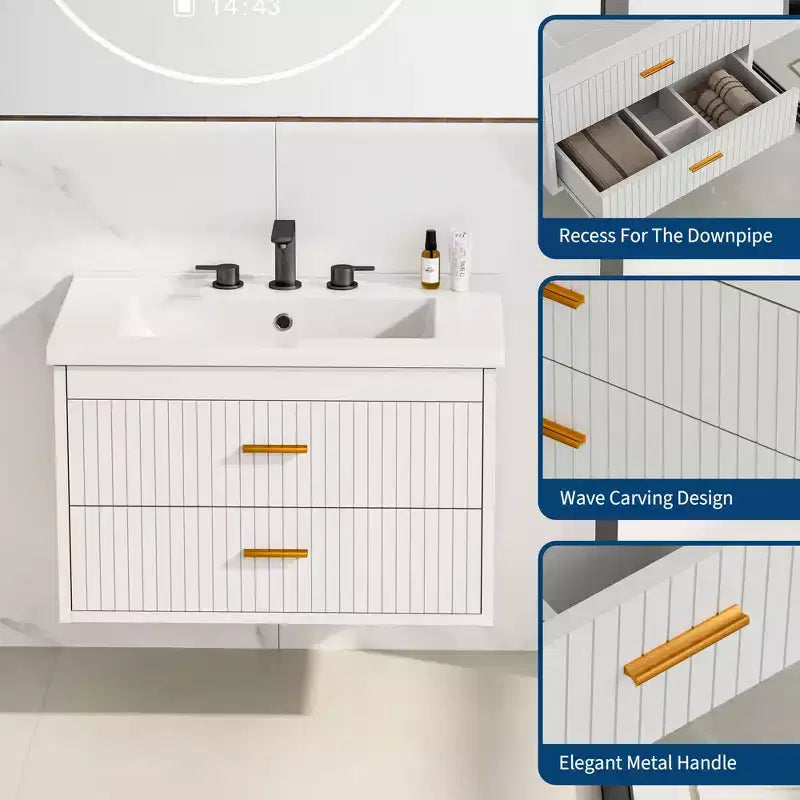 Floating Bathroom Vanity 24/30 Inch with Sink Combo Wall Mounted Cabinet 2 Drawers for Bathroom Storage