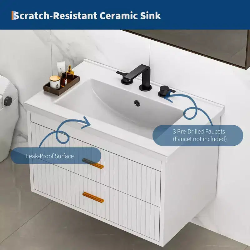 Floating Bathroom Vanity 24/30 Inch with Sink Combo Wall Mounted Cabinet 2 Drawers for Bathroom Storage