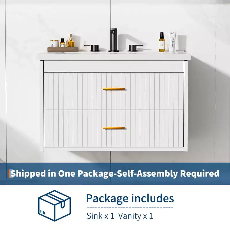 Floating Bathroom Vanity 24/30 Inch with Sink Combo Wall Mounted Cabinet 2 Drawers for Bathroom Storage