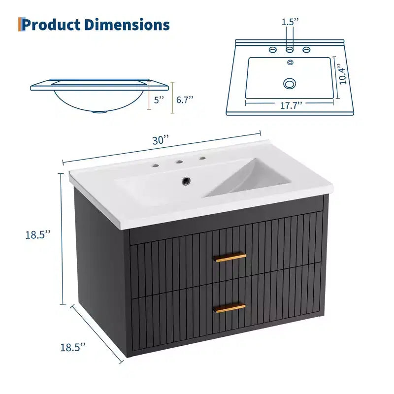 Floating Bathroom Vanity 24/30 Inch with Sink Combo Wall Mounted Cabinet 2 Drawers for Bathroom Storage