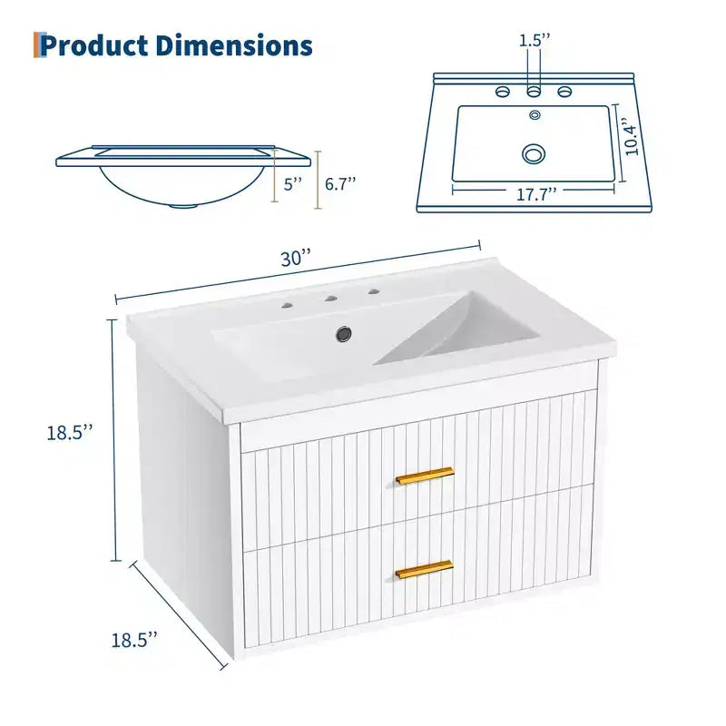 Floating Bathroom Vanity 24/30 Inch with Sink Combo Wall Mounted Cabinet 2 Drawers for Bathroom Storage