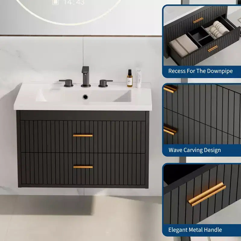 Floating Bathroom Vanity 24/30 Inch with Sink Combo Wall Mounted Cabinet 2 Drawers for Bathroom Storage