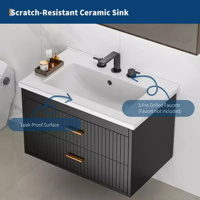 Floating Bathroom Vanity 24/30 Inch with Sink Combo Wall Mounted Cabinet 2 Drawers for Bathroom Storage