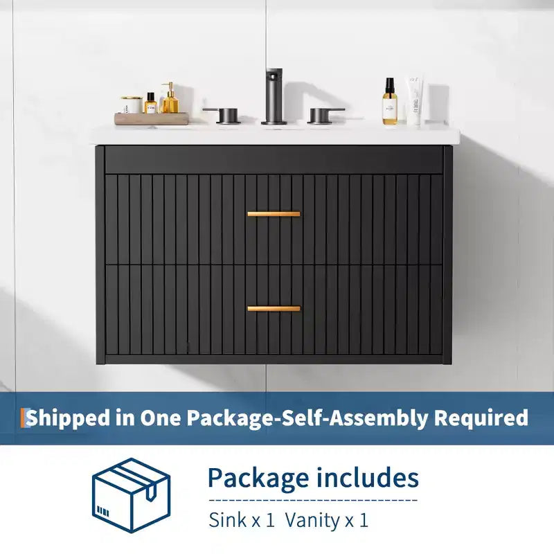 Floating Bathroom Vanity 24/30 Inch with Sink Combo Wall Mounted Cabinet 2 Drawers for Bathroom Storage
