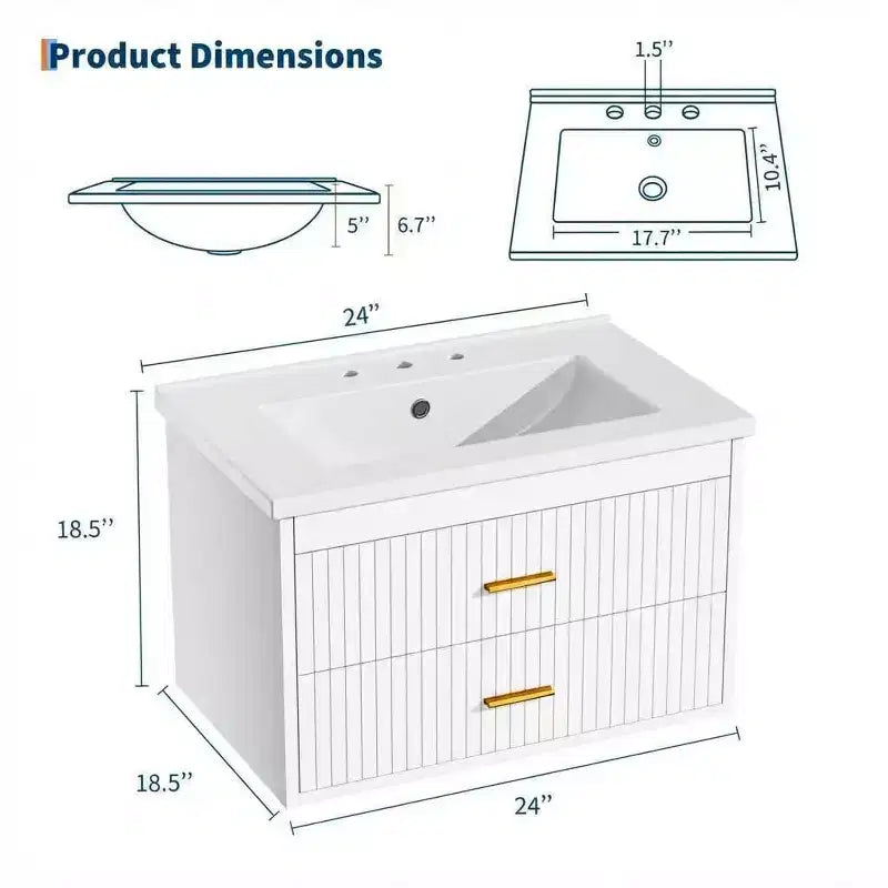 Floating Bathroom Vanity 24/30 Inch with Sink Combo Wall Mounted Cabinet 2 Drawers for Bathroom Storage