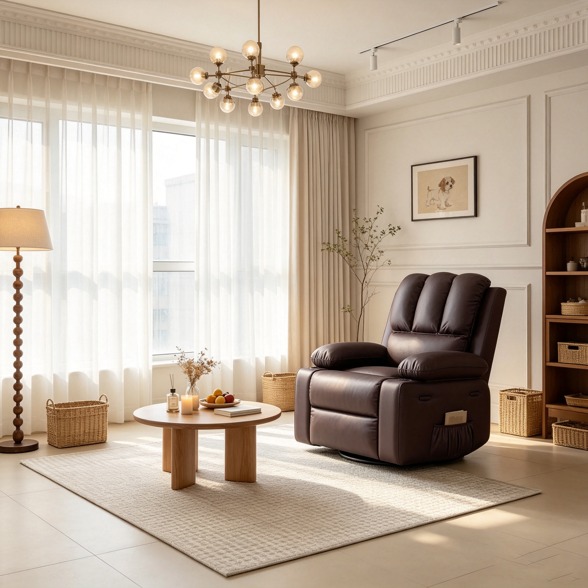 Fauteuil Inclinable Manuel en Similicuir, Conception Ergonomique avec Porte-Gobelets et Rangement