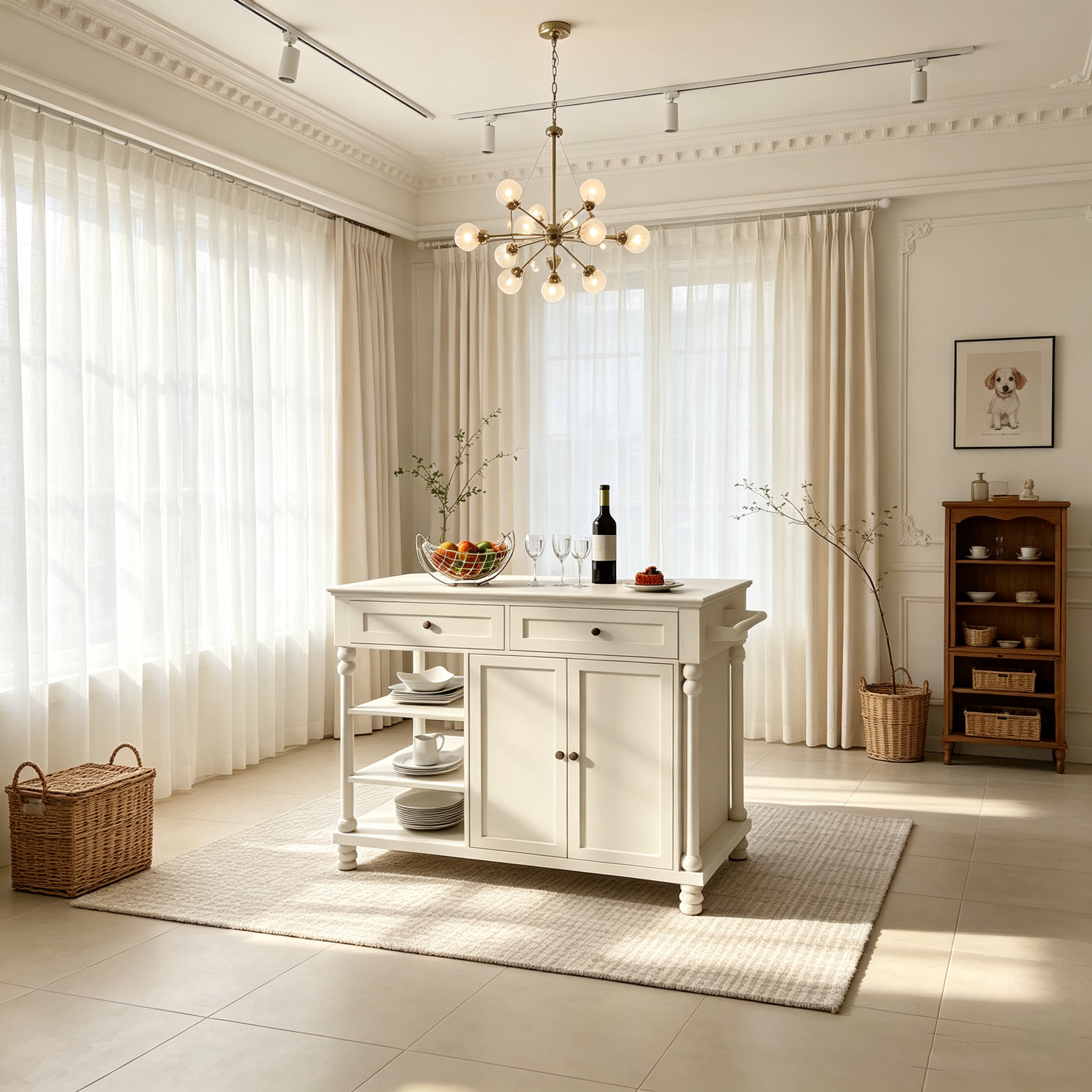Îlot de cuisine en bois Euro avec armoire de rangement, 2 tiroirs et 3 étagères ouvertes